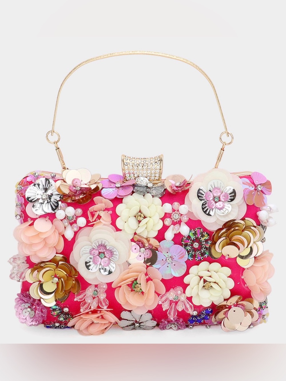 Floral Sequin Embellished Clutch in Pink & White Handbag